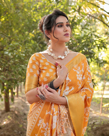 Pure Silk Digitally Printed Saree Weaved With Golden Zari Comes With Tassels