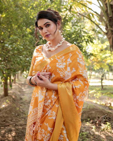 Pure Silk Digitally Printed Saree Weaved With Golden Zari Comes With Tassels