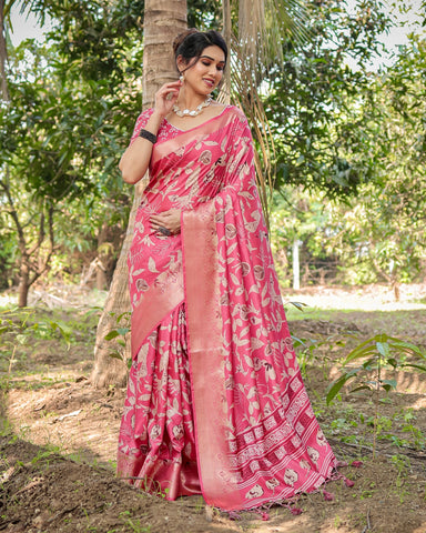 Pure Silk Digitally Printed Saree Weaved With Golden Zari Comes With Tassels