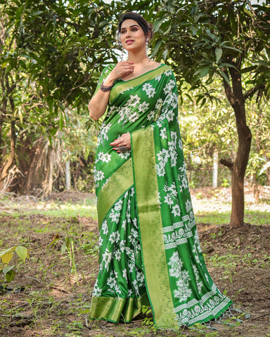 Pure Silk Digitally Printed Saree Weaved With Golden Zari Comes With Tassels