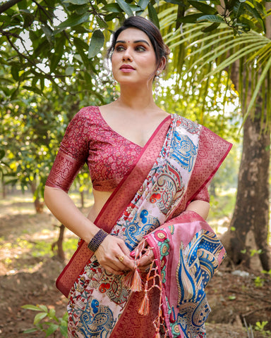 Pure Silk Digitally Printed Saree Weaved With Golden Zari Comes With Tassels