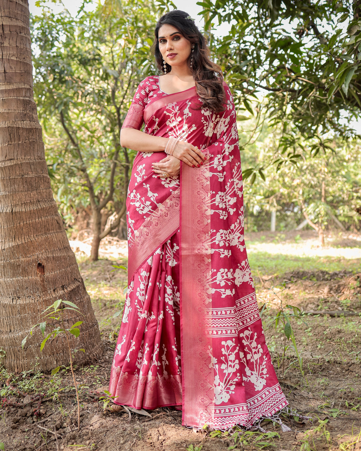 Pure Silk Digitally Printed Saree Weaved With Golden Zari Comes With Tassels