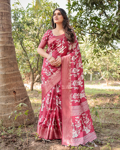 Pure Silk Digitally Printed Saree Weaved With Golden Zari Comes With Tassels