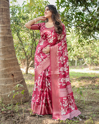 Pure Silk Digitally Printed Saree Weaved With Golden Zari Comes With Tassels