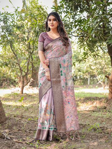 Pure Silk Digitally Printed Saree Weaved With Golden Zari Comes With Tassels