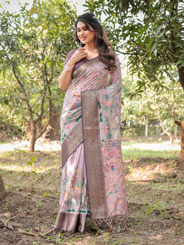 Pure Silk Digitally Printed Saree Weaved With Golden Zari Comes With Tassels