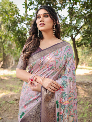 Pure Silk Digitally Printed Saree Weaved With Golden Zari Comes With Tassels