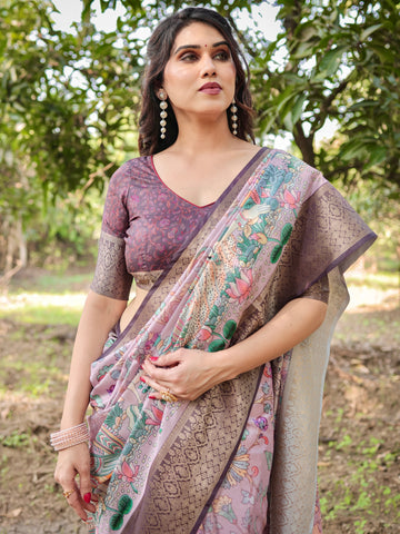 Pure Silk Digitally Printed Saree Weaved With Golden Zari Comes With Tassels