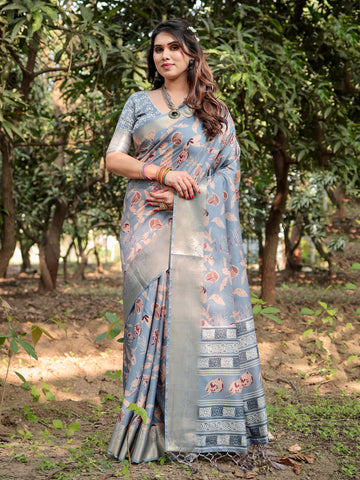 Pure Silk Digitally Printed Saree Weaved With Golden Zari Comes With Tassels