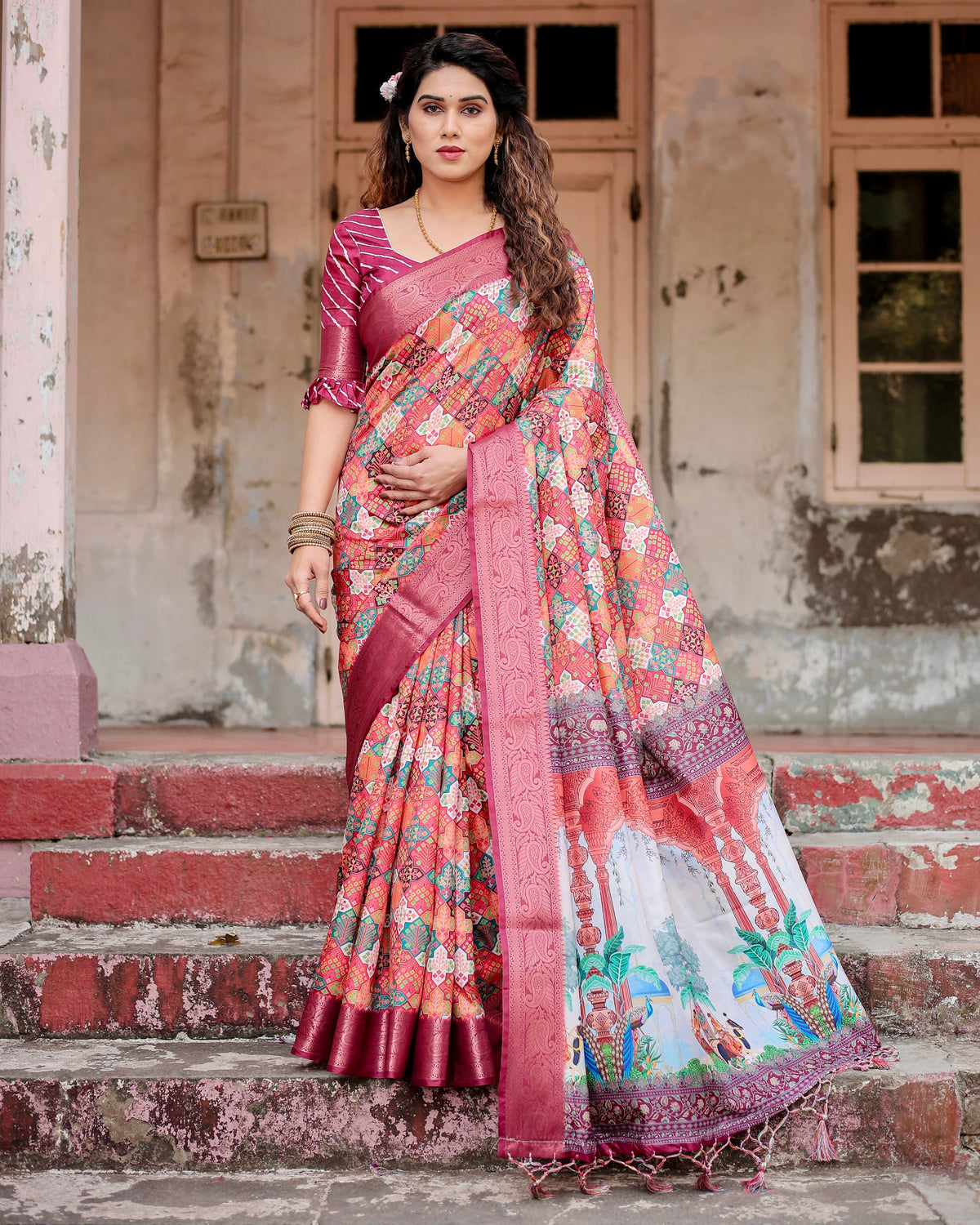 Pure Silk Digitally Printed Saree Weaved With Golden Zari Comes With Tassels