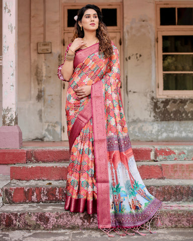 Pure Silk Digitally Printed Saree Weaved With Golden Zari Comes With Tassels