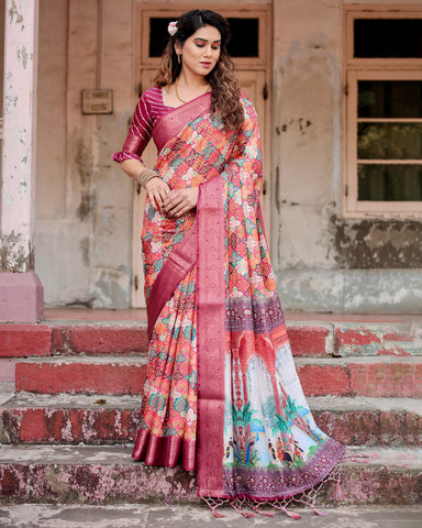 Pure Silk Digitally Printed Saree Weaved With Golden Zari Comes With Tassels