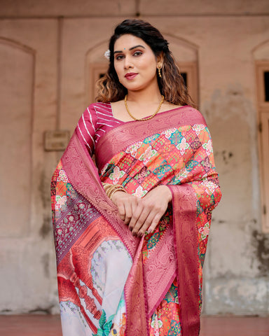 Pure Silk Digitally Printed Saree Weaved With Golden Zari Comes With Tassels