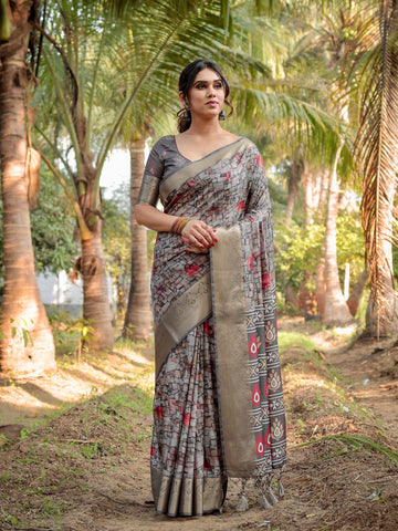 Pure Silk Digitally Printed Saree Weaved With Golden Zari Comes With Tassels