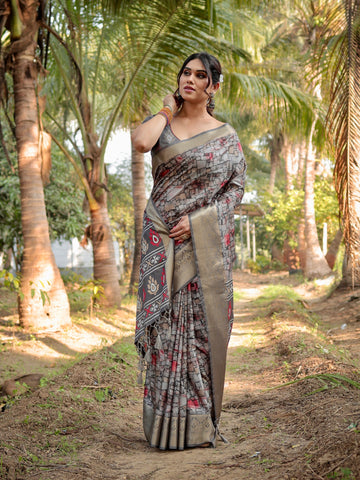 Pure Silk Digitally Printed Saree Weaved With Golden Zari Comes With Tassels