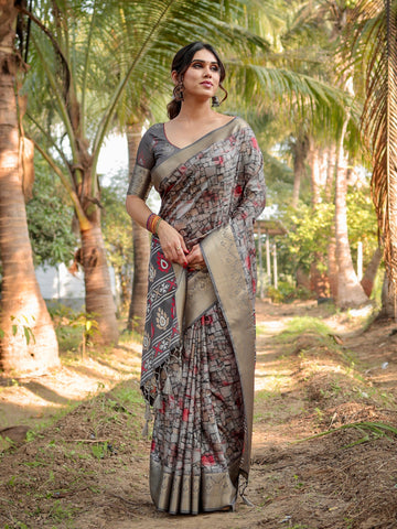 Pure Silk Digitally Printed Saree Weaved With Golden Zari Comes With Tassels