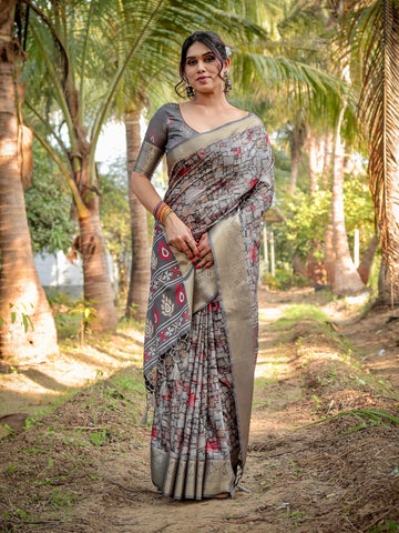 Pure Silk Digitally Printed Saree Weaved With Golden Zari Comes With Tassels