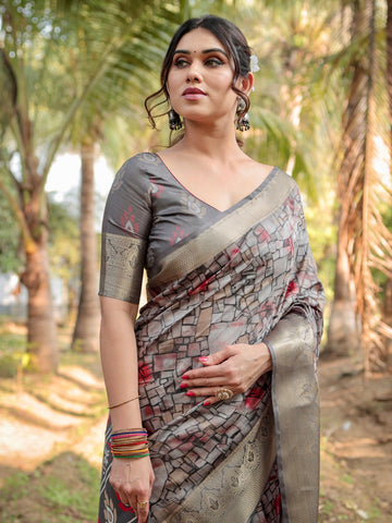 Pure Silk Digitally Printed Saree Weaved With Golden Zari Comes With Tassels