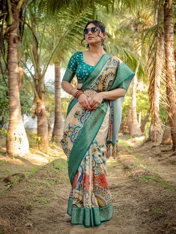 Pure Silk Digitally Printed Saree Weaved With Golden Zari Comes With Tassels