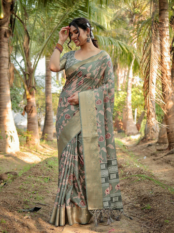 Pure Silk Digitally Printed Saree Weaved With Golden Zari Comes With Tassels