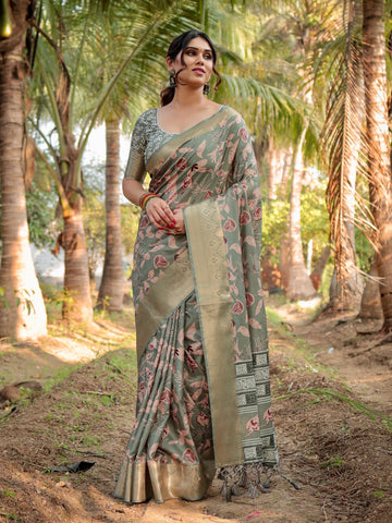 Pure Silk Digitally Printed Saree Weaved With Golden Zari Comes With Tassels