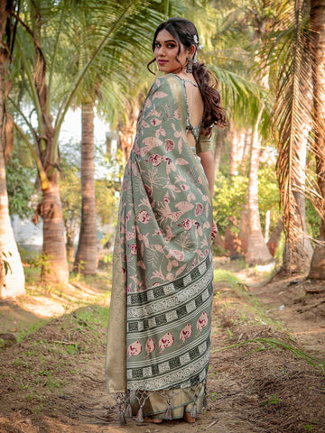 Pure Silk Digitally Printed Saree Weaved With Golden Zari Comes With Tassels