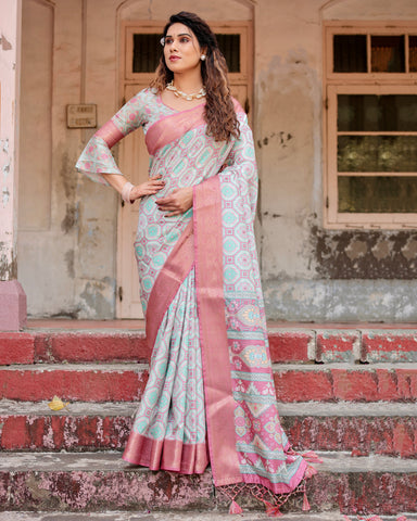 Pure Silk Digitally Printed Saree Weaved With Golden Zari Comes With Tassels