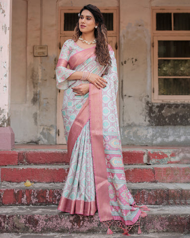 Pure Silk Digitally Printed Saree Weaved With Golden Zari Comes With Tassels