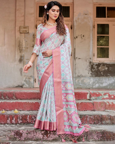 Pure Silk Digitally Printed Saree Weaved With Golden Zari Comes With Tassels