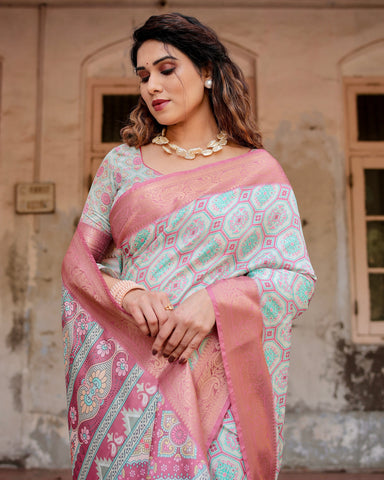 Pure Silk Digitally Printed Saree Weaved With Golden Zari Comes With Tassels