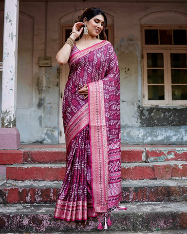 Pure Silk Digitally Printed Saree Weaved With Golden Zari Comes With Tassels