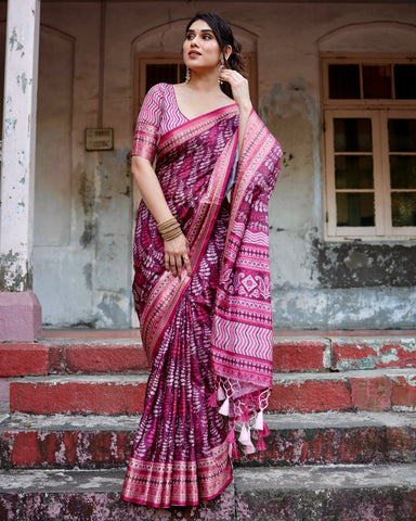 Pure Silk Digitally Printed Saree Weaved With Golden Zari Comes With Tassels