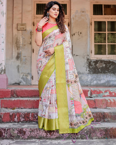 Pure Silk Digitally Printed Saree Weaved With Golden Zari Comes With Tassels