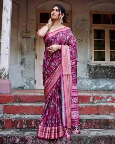 Pure Silk Digitally Printed Saree Weaved With Golden Zari Comes With Tassels