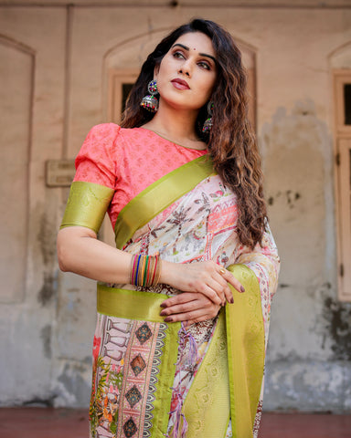 Pure Silk Digitally Printed Saree Weaved With Golden Zari Comes With Tassels