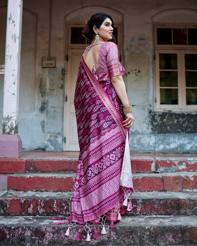 Pure Silk Digitally Printed Saree Weaved With Golden Zari Comes With Tassels