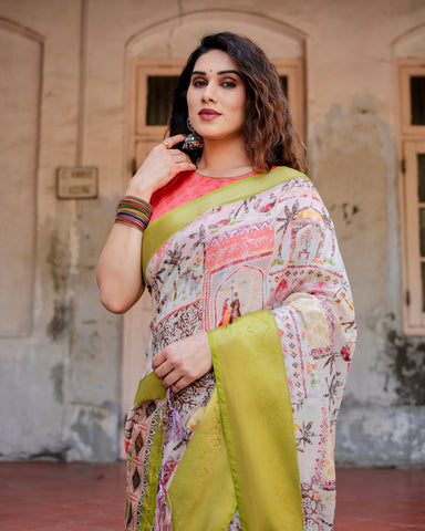 Pure Silk Digitally Printed Saree Weaved With Golden Zari Comes With Tassels