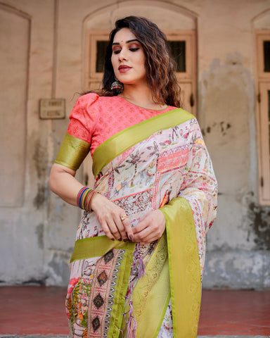 Pure Silk Digitally Printed Saree Weaved With Golden Zari Comes With Tassels