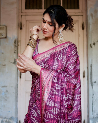 Pure Silk Digitally Printed Saree Weaved With Golden Zari Comes With Tassels