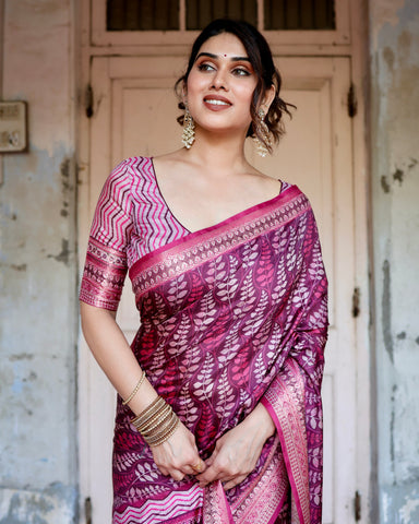 Pure Silk Digitally Printed Saree Weaved With Golden Zari Comes With Tassels