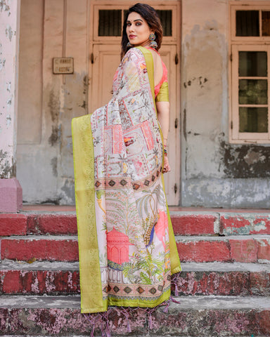 Pure Silk Digitally Printed Saree Weaved With Golden Zari Comes With Tassels