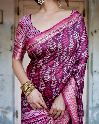 Pure Silk Digitally Printed Saree Weaved With Golden Zari Comes With Tassels