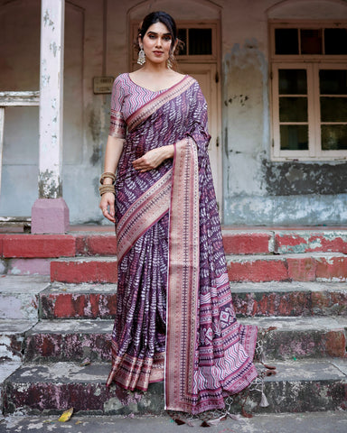 Pure Silk Digitally Printed Saree Weaved With Golden Zari Comes With Tassels