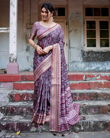 Pure Silk Digitally Printed Saree Weaved With Golden Zari Comes With Tassels