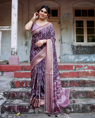 Pure Silk Digitally Printed Saree Weaved With Golden Zari Comes With Tassels