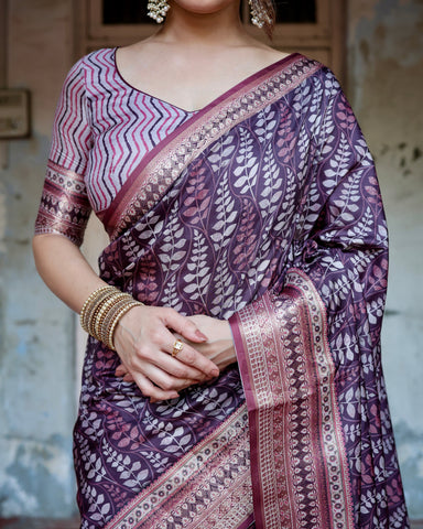 Pure Silk Digitally Printed Saree Weaved With Golden Zari Comes With Tassels