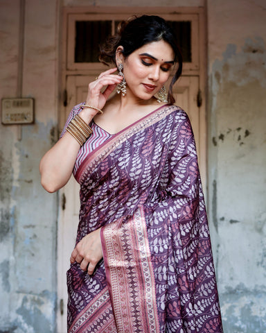 Pure Silk Digitally Printed Saree Weaved With Golden Zari Comes With Tassels