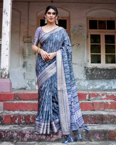 Pure Silk Digitally Printed Saree Weaved With Golden Zari Comes With Tassels