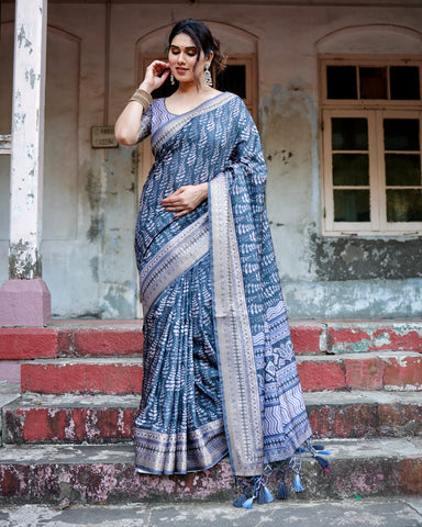 Pure Silk Digitally Printed Saree Weaved With Golden Zari Comes With Tassels