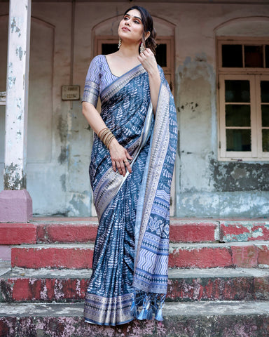 Pure Silk Digitally Printed Saree Weaved With Golden Zari Comes With Tassels